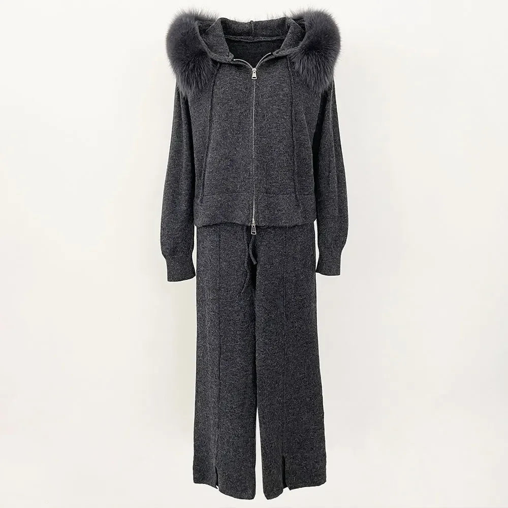 Women's fox fur collar coat, hooded jacket with detachable handles, fashionable knitwear, cozy sweater, autumn, winter, 2024