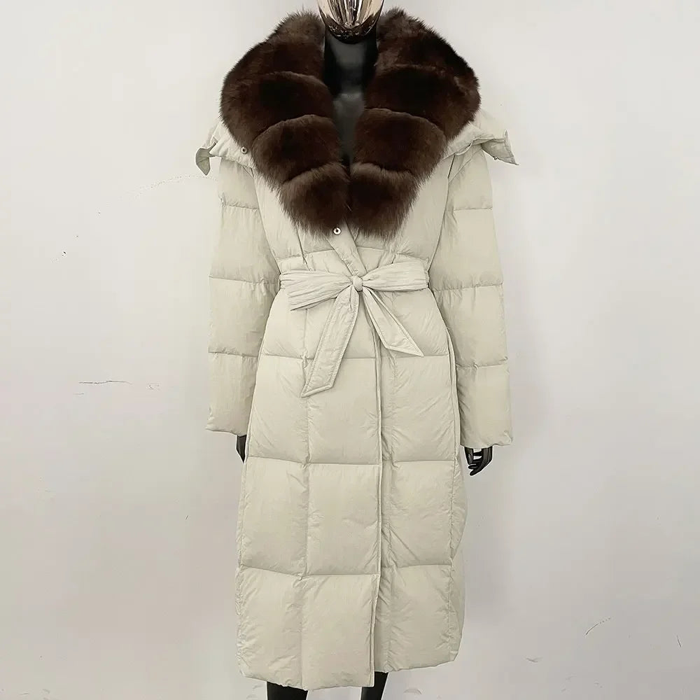 Veste d'hiver chaude et élégante pour femme, avec ceinture à capuche, simple boutonnage, col en vraie fourrure de renard, manteau épais et ample en duvet de canard blanc