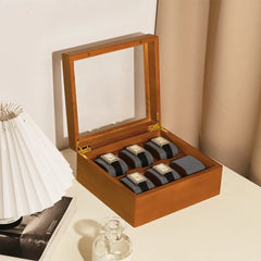 Oirlv boîte de rangement de montre en bois délicate couvercle en verre anti-poussière boîte de montre boîte de collecte de montre-bracelet affichage stockage boîte de montre à 6 grilles