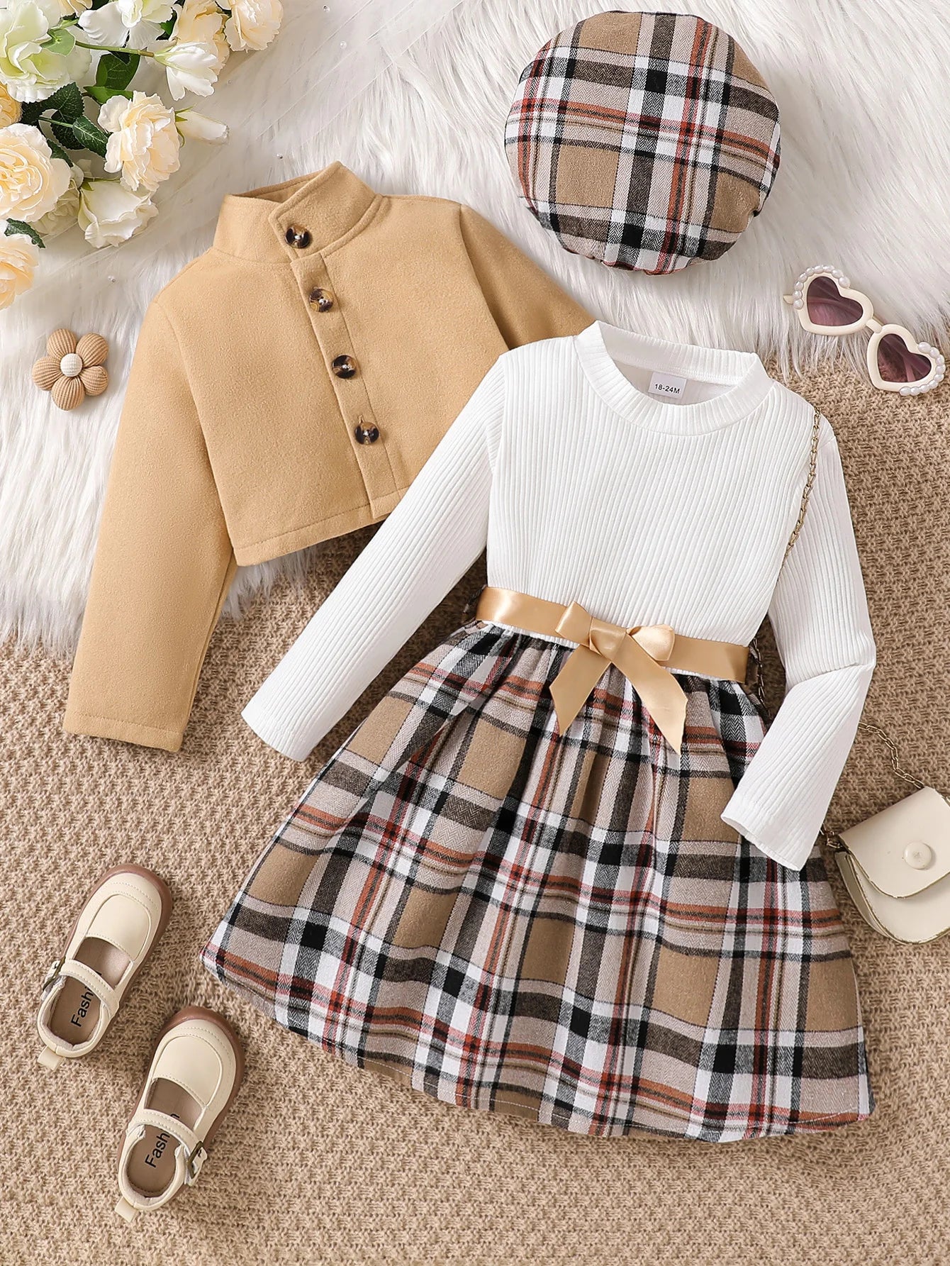 Ensemble de vêtements pour petites filles de 1 à 6 ans, robe à carreaux à manches longues avec veste + béret, ensemble de vêtements à la mode, automne-hiver