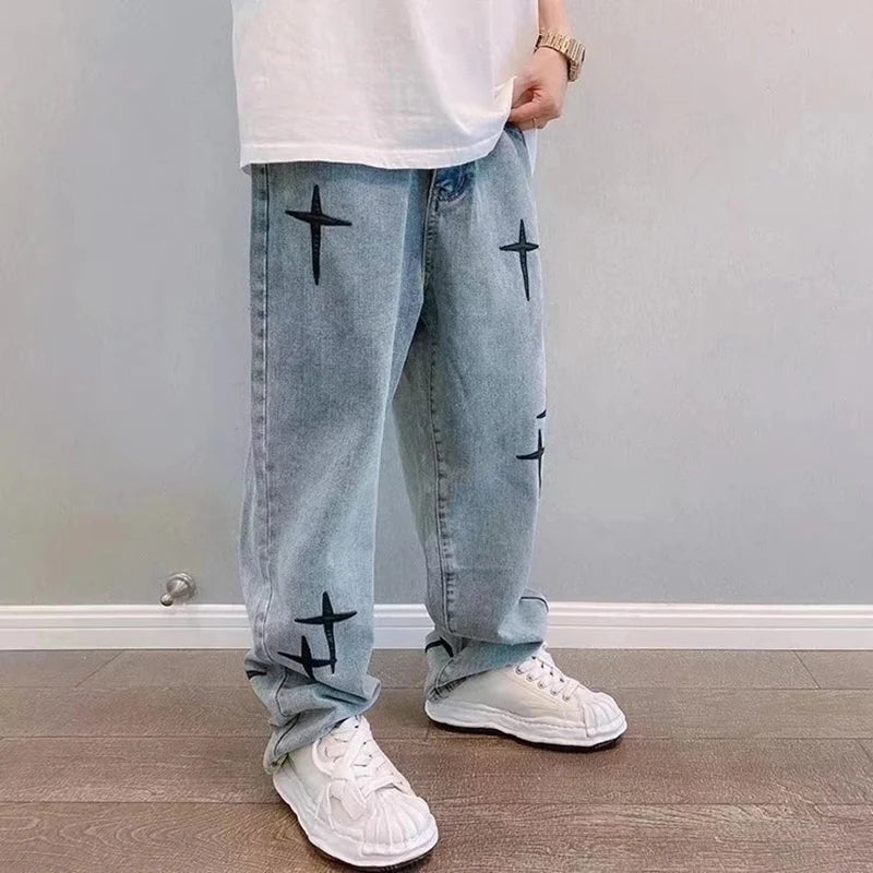 Boyfriend Vintage mode droite décontracté ample Denim Cargo pantalon hommes concepteur imprime étoile jean Streetwear ample jambe large jean