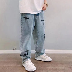 Boyfriend Vintage mode droite décontracté ample Denim Cargo pantalon hommes concepteur imprime étoile jean Streetwear ample jambe large jean