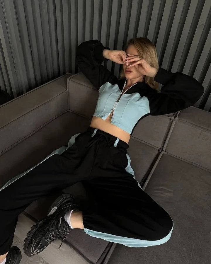 Ensemble 2 pièces en denim patchwork pour femmes, tenue décontractée, sweats à capuche minces, haut court, pantalon de survêtement à jambes larges, streetwear imbibé, survêtements à la mode