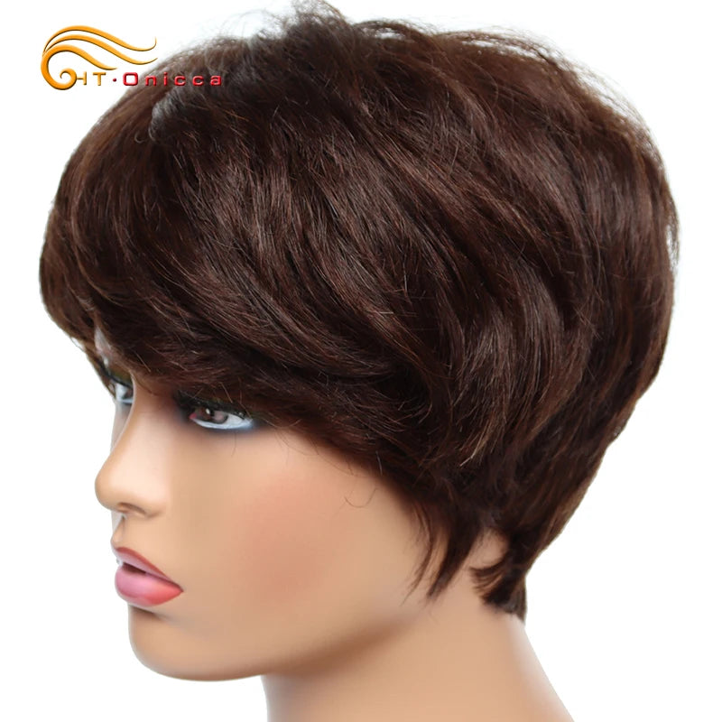 Cheap short human hair wigs, bob pixie cut human hair wig for women, Brazilian hair human hair wig, colored wig with bangs