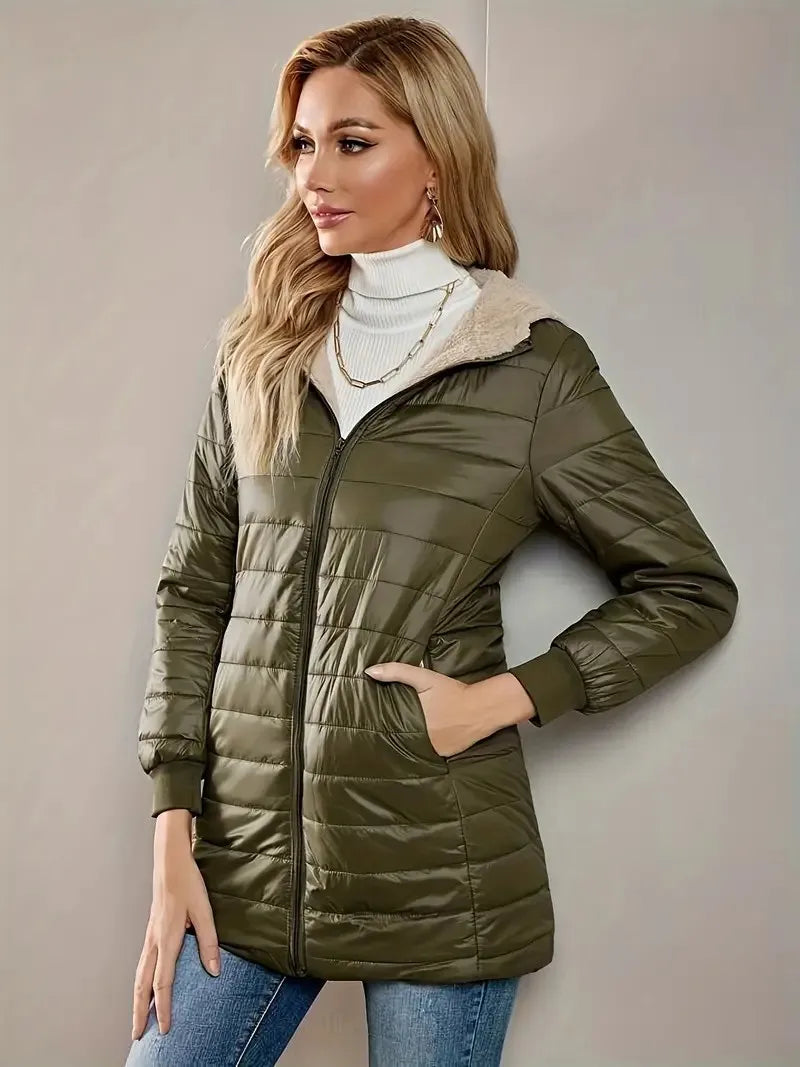 Women's fleece-lined cotton jacket, warm top, loose fit, lightweight, hooded, cotton coat, street style, trendy, autumn/winter