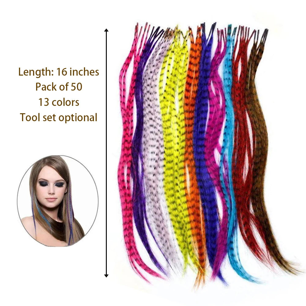 16-inch Synthetic Feather Hair Extensions, 50 Strands/Pack, Colored Hair Extensions, Colored Feather Hair Extensions for Women