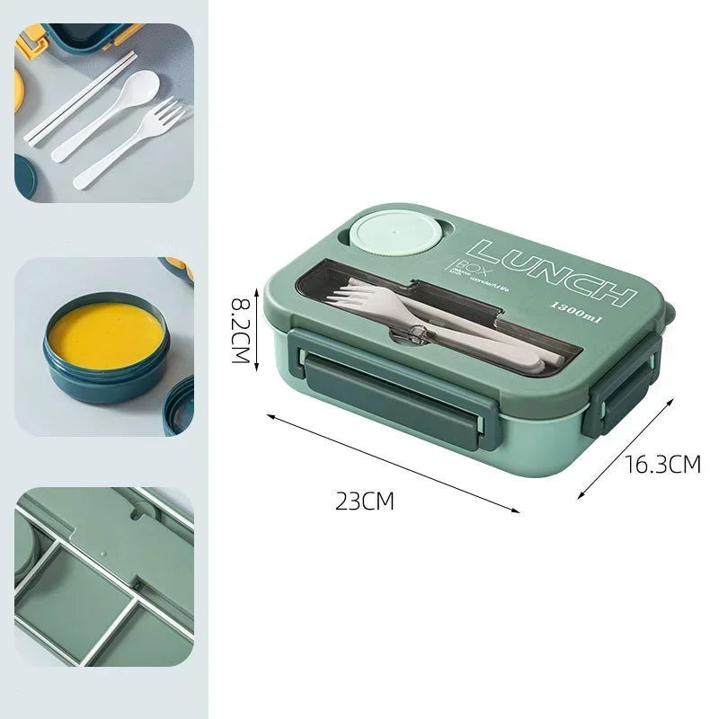 Boîte à déjeuner Portable à compartiment de 1300ML, boîte à Bento de bureau pour enfants étudiants avec fourchette et cuillère, récipient de stockage des aliments pour micro-ondes