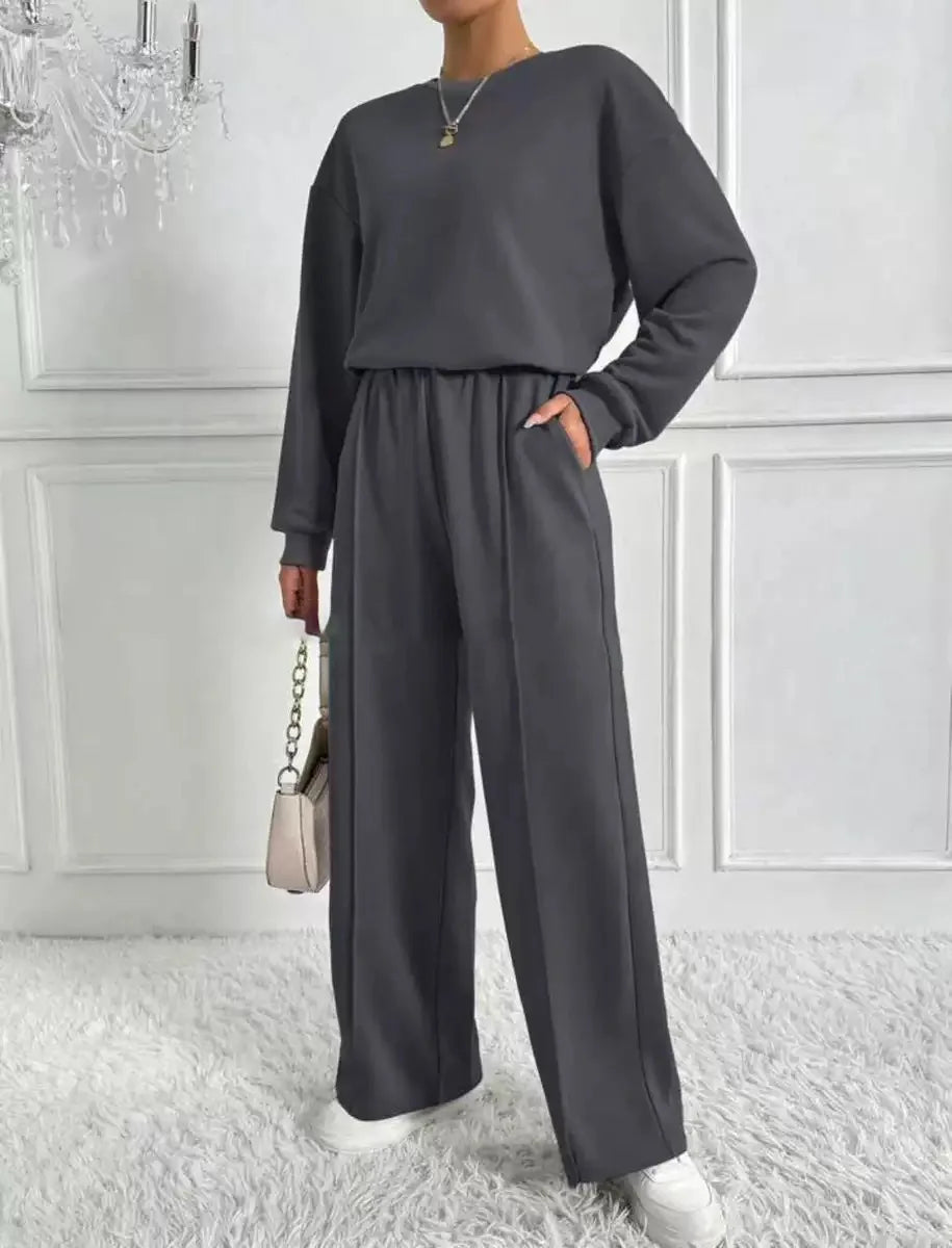 Ensemble deux pièces pour femmes, décontracté, col rond, manches longues, sweat-shirt, pantalon à jambes larges, costumes automne hiver, mode dames, tenue de bureau