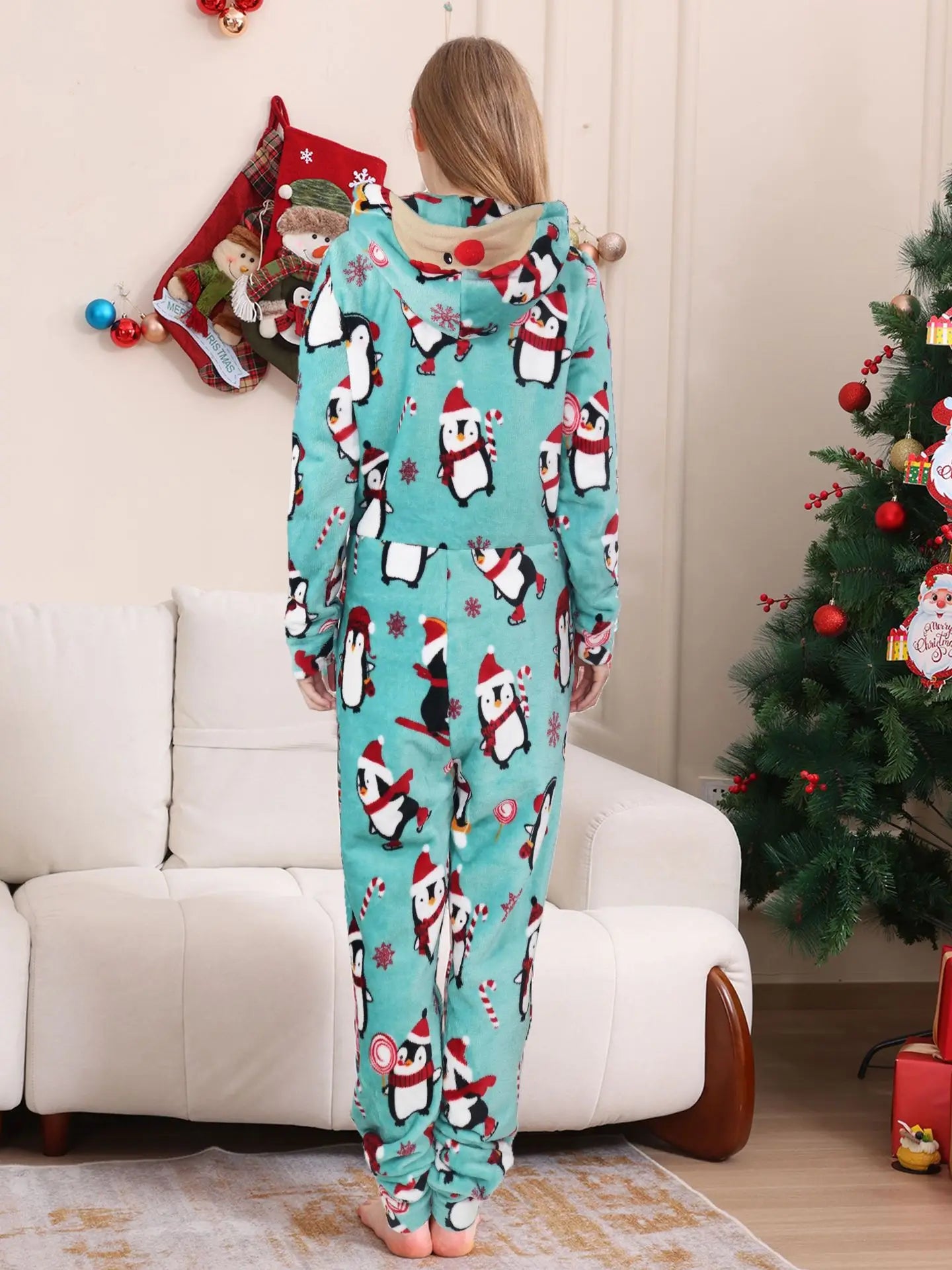 2025 hiver velours chaud doux pyjama famille vêtements de noël ensemble fermeture éclair à capuche combinaison épais ample une pièce costume Homewear Onesie