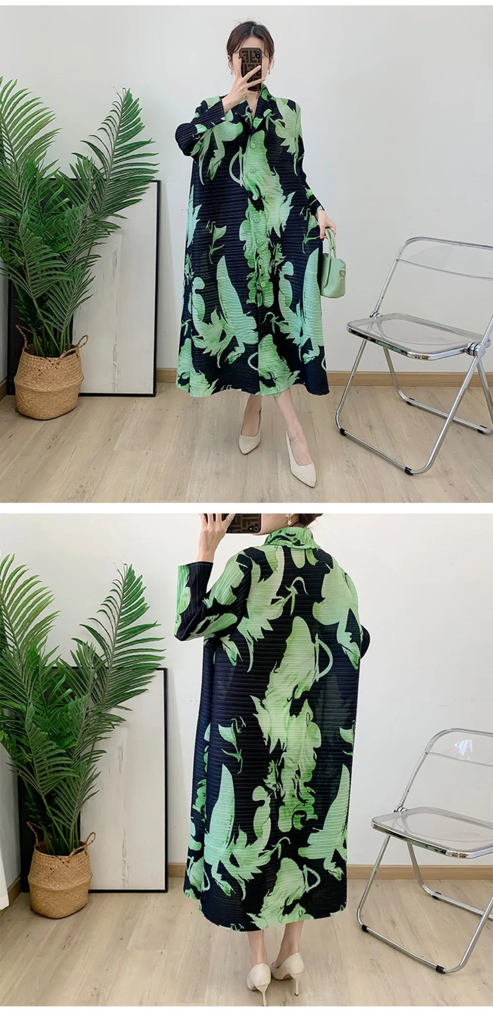 Robe imprimée à col en v pour maman, nouvelle mode d'âge moyen et âgée, manches sept-quarts, jupe plissée verte X, printemps 2025