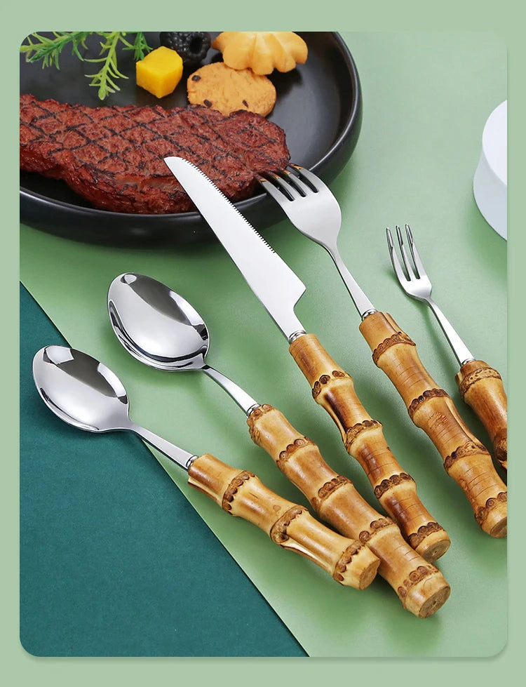 Ensemble de Vaisselle en Bambou et Acier Inoxydable avec Poignée Naturelle, Couverts Rétro, Steak, Opaque, Fourchette, Cuillère, Cadeau de Dessert, 20/30 Pièces