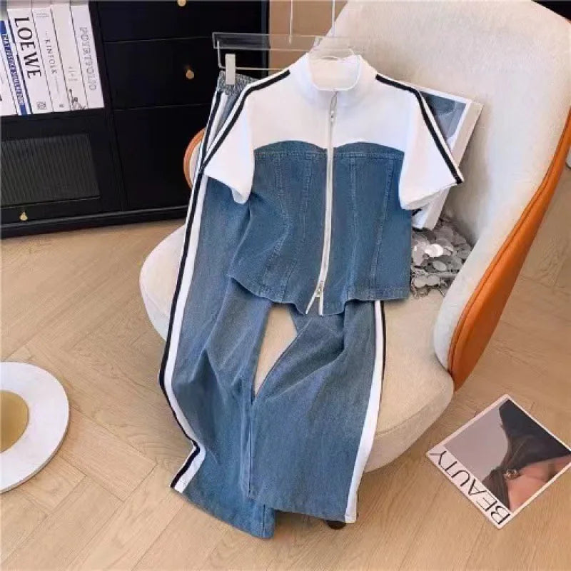 Ensemble pantalon femmes deux pièces ensembles Denim épissure fermeture éclair ensembles assortis manteaux décontractés jambe large pantalons longs à lacets taille élastique 2025