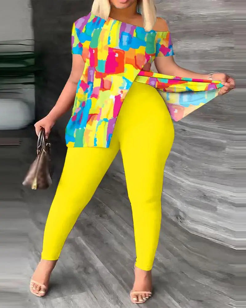 Women's Printed 2 Piece Set, Irregular Slanted Collar Split Top Short Sleeve Long Pants Colorful Outfit Fashion Women Pant Suit