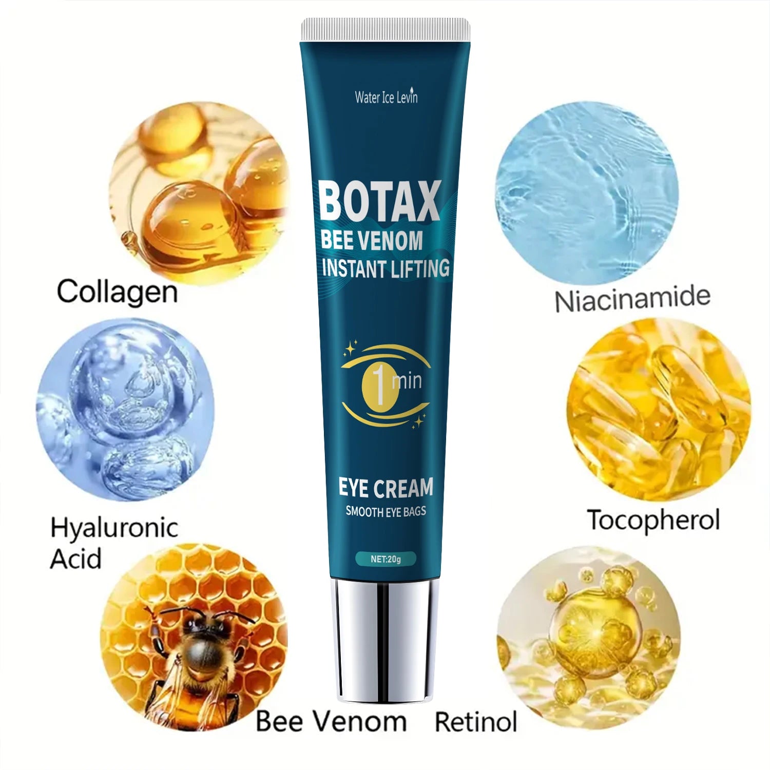 Gel raffermissant pour les yeux, estompe les ridules, contient la caféine, le rétinol et l'acide hyaluronique, hydrate et raffermit la peau, sans alcool