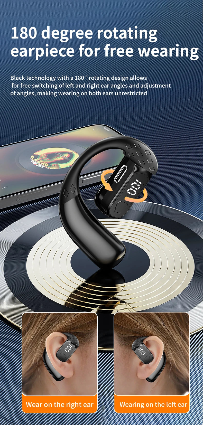 Sans fil Bluetooth 5.4 ouvert 180 °   casque à conduction d'air rotatif avec affichage de la batterie LED sur les deux oreilles et un écouteurs avec microphone