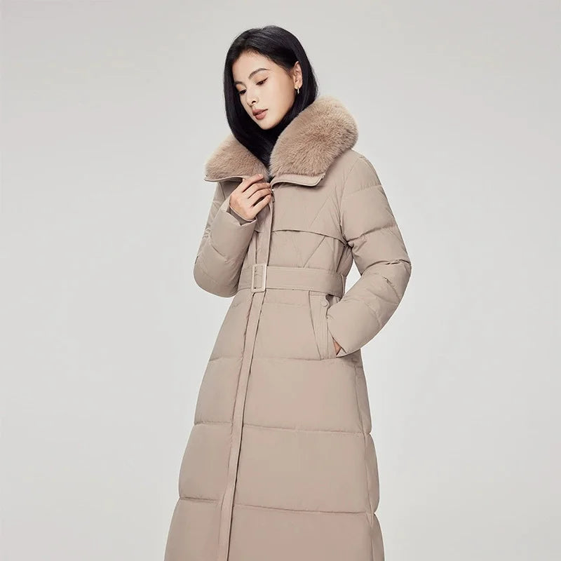 Parka d'hiver à col en fourrure pour femme, veste x-longue rembourrée en coton, manteau épais et chaud, Streetwear avec ceintures, vêtements d'extérieur Slim, à la mode, 2025