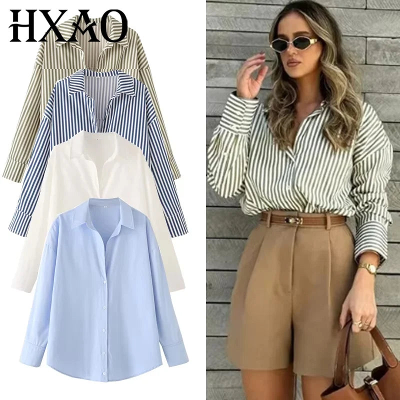 HXAO 2025 femme Blouses longues chemises à rayures femmes printemps été à manches longues bleu blanc chemise femme grands hauts chemises boutonnées