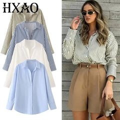 HXAO 2025 femme Blouses longues chemises à rayures femmes printemps été à manches longues bleu blanc chemise femme grands hauts chemises boutonnées
