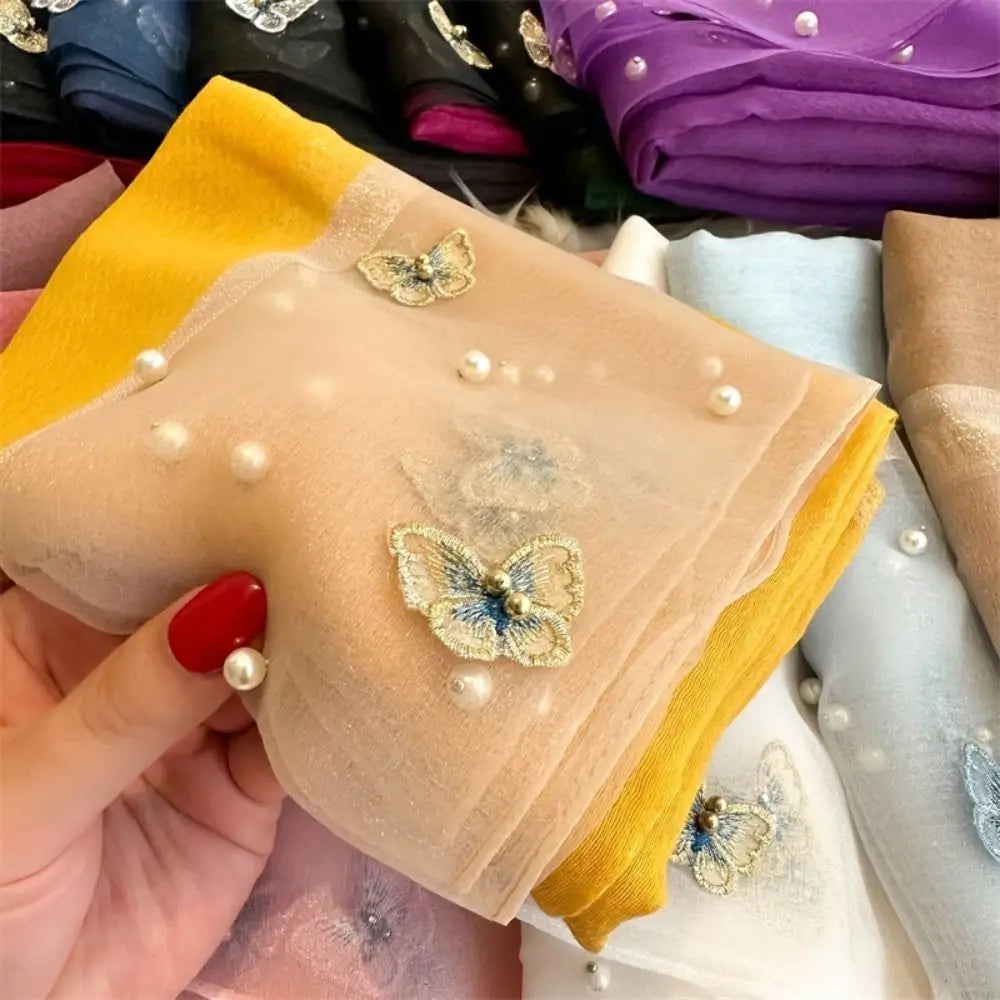 Grand Foulard Fin et Élégant avec Broderie Papillon, Châle Hijab de Luxe pour Femme