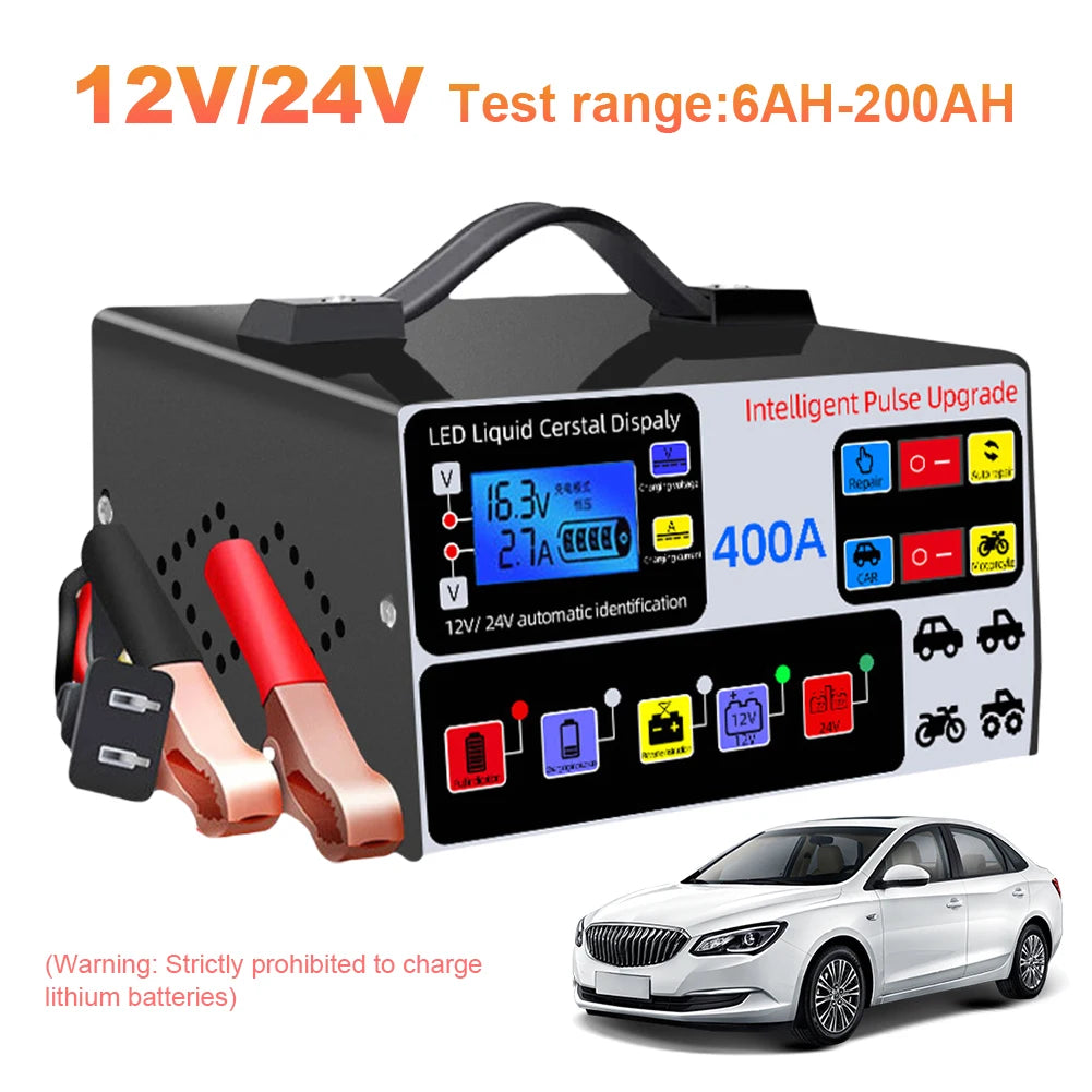 High-power car battery charger, fast charger, intelligent pulse repair, automatic shut-off, 400A, 12V, 24V, 220W