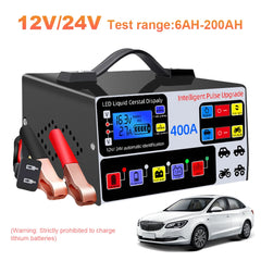 High-power car battery charger, fast charger, intelligent pulse repair, automatic shut-off, 400A, 12V, 24V, 220W