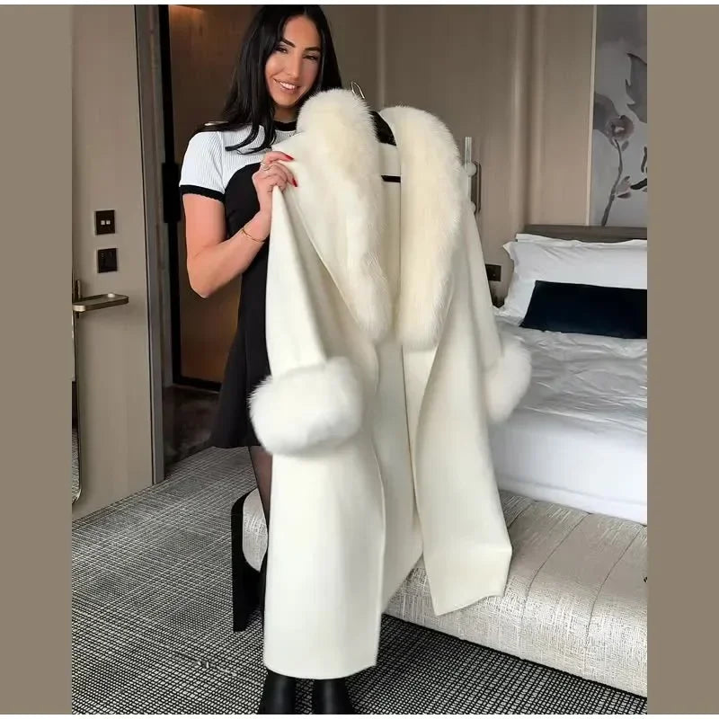 Manteau en laine pour femmes, Patchwork de fourrure solide, mode, manches longues, col en v, à lacets, pardessus Long ample, automne, bureau, vêtements d'extérieur pour dames