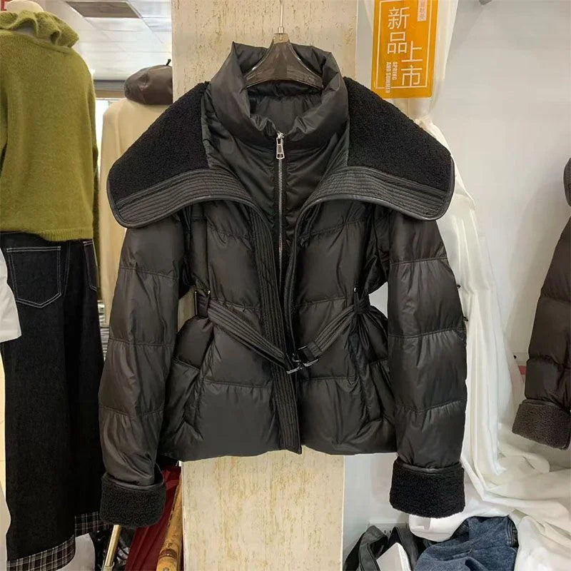 Women's Double-Layer Collar Parka Jacket, Cotton Padded Coat, European Style, Long Sleeves, Puff Outerwear, 2025