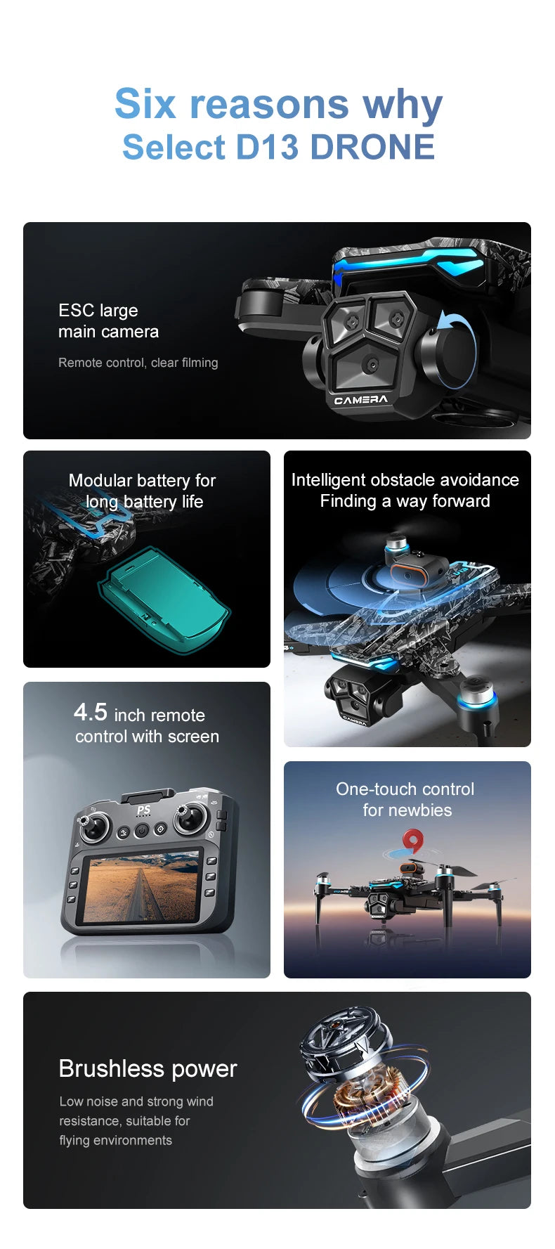 Nouveau Drone D13 4K professionnel trois caméras HD avec grand écran 5G WIFI FPV Dron flux optique sans brosse vol stationnaire pliable quadrirotor