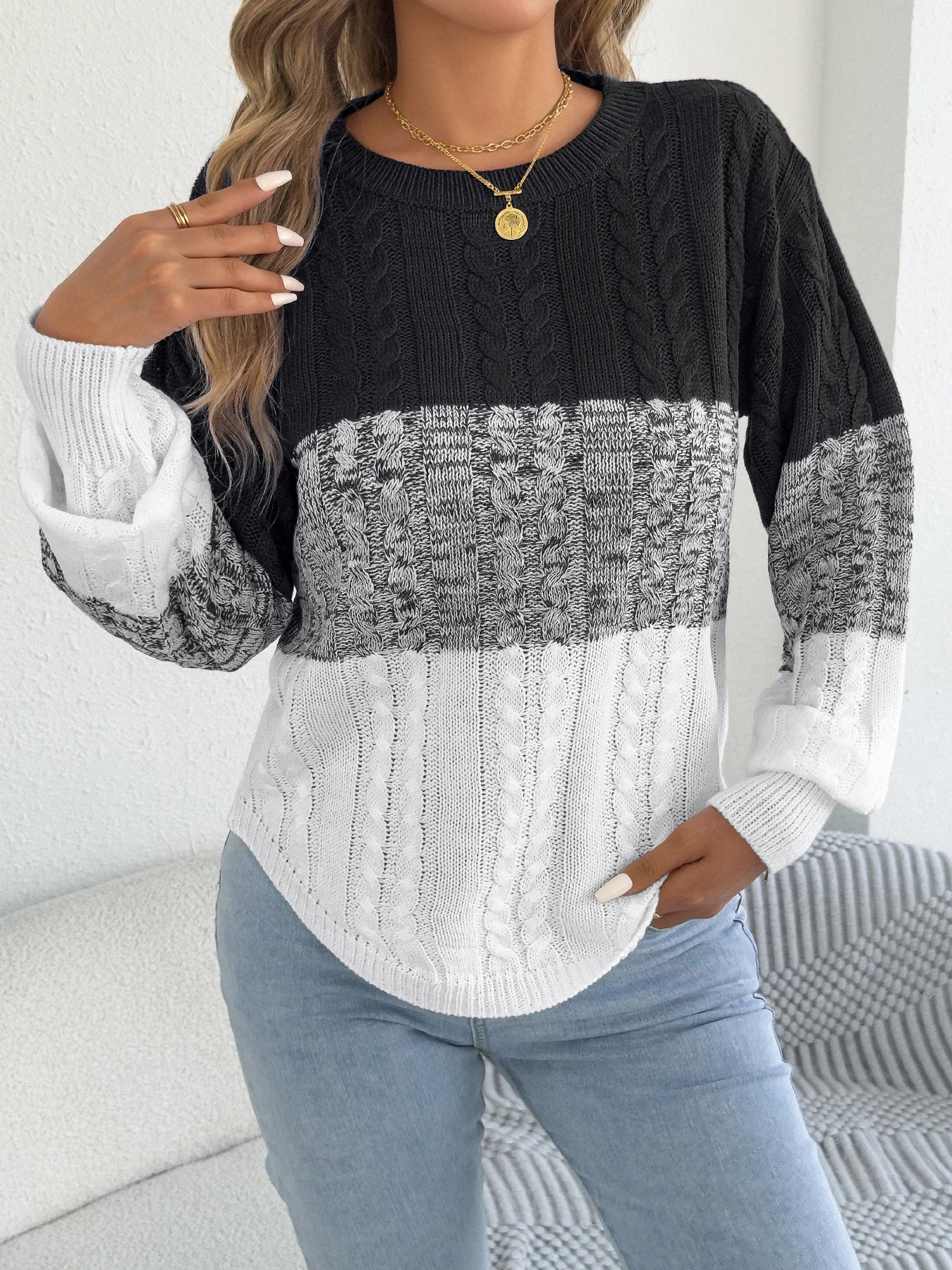 Femme décontracté couleur bloc rayé pull col rond lanterne à manches longues torsion tricoté hauts pour 2025 automne hiver femmes vêtements