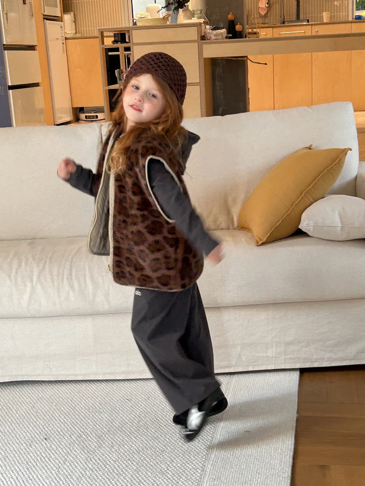 Manteau d'hiver pour filles, nouvelle mode, style occidental, fourrure intégrée, imprimé léopard, gilet en fourrure, tenue chaude quotidienne, 2025