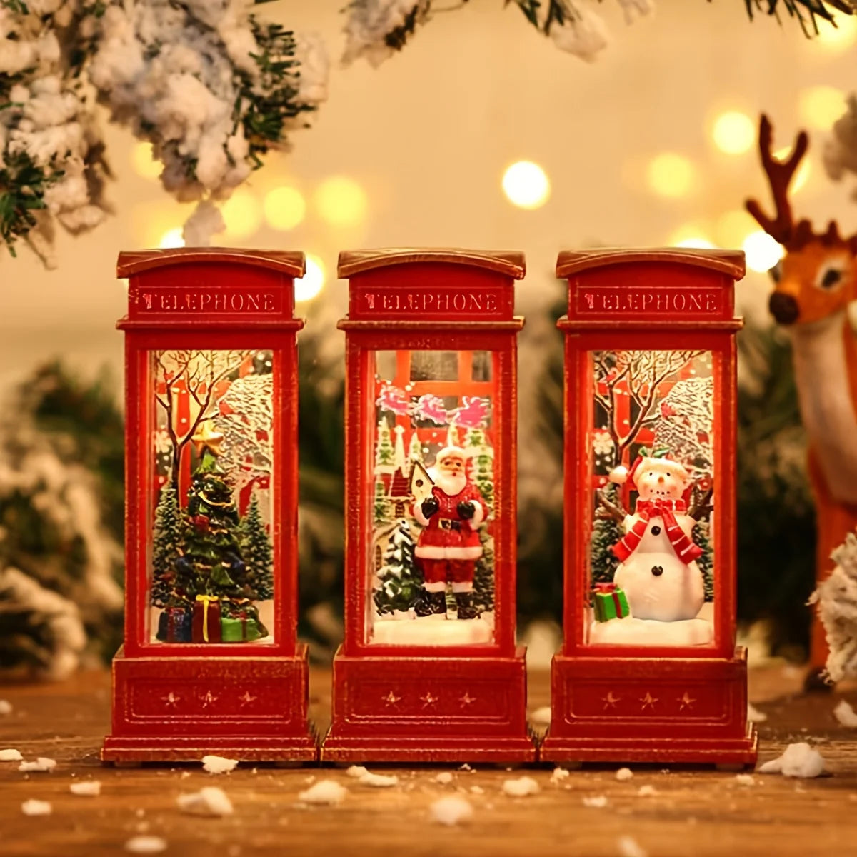 Décoration de cabine téléphonique de noël avec père noël, bonhomme de neige et arbre-ornement de cabine téléphonique rétro rouge avec décoration légère pour la maison