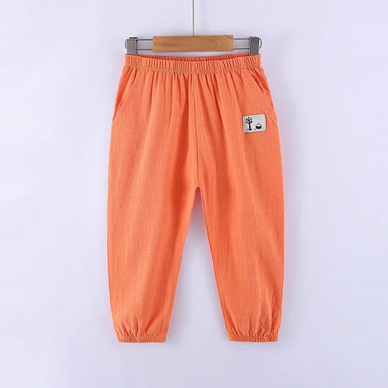 Pantalons pour enfants pour garçons et filles, en coton et lin, taille élastique, couleur unie, pantalons moustiques d'été, vêtements pour enfants, pantalons longs 100-160cm