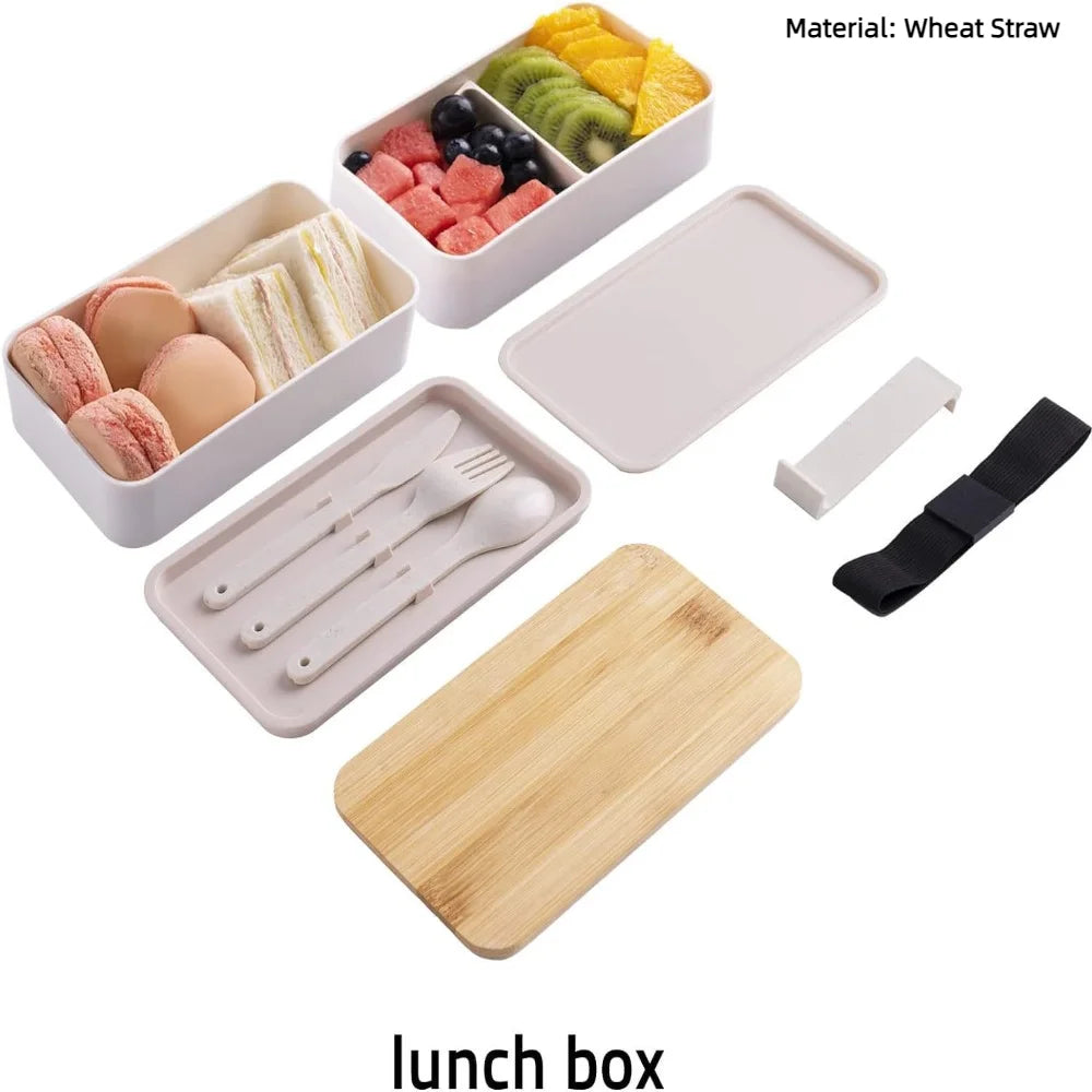 Boîte à Déjeuner Synchronisée avec Couvercle en Bois pour Pique-Nique, Micro-ondes, Bento Japonais, Portable, Double Couche, Récipient Alimentaire pour Enfants, 1200ml