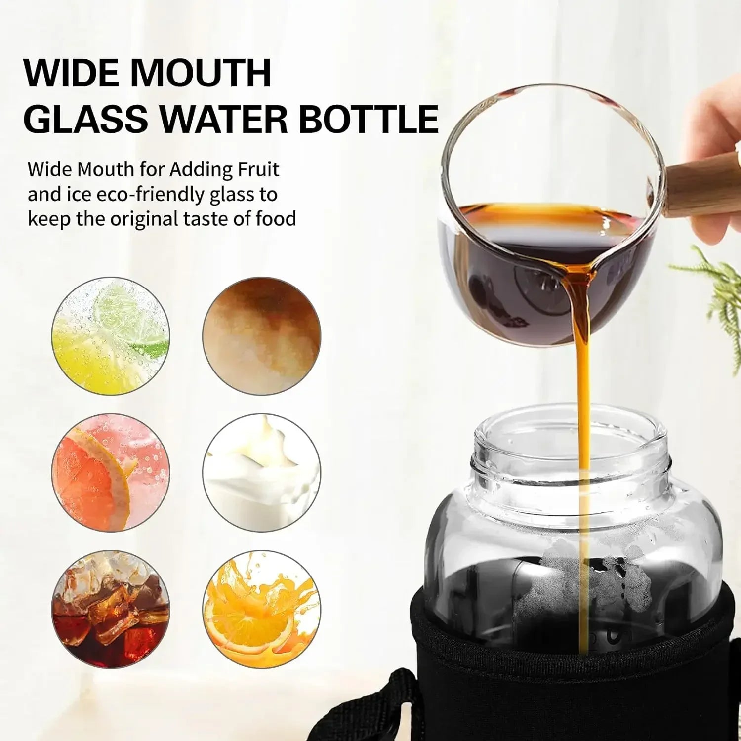 Bouteille d'Eau en Verre de Grande Capacité, Transparente, pour le Lait, le Jus, pour l'Extérieur, Portable, Étanche, pour le Thé, 2L