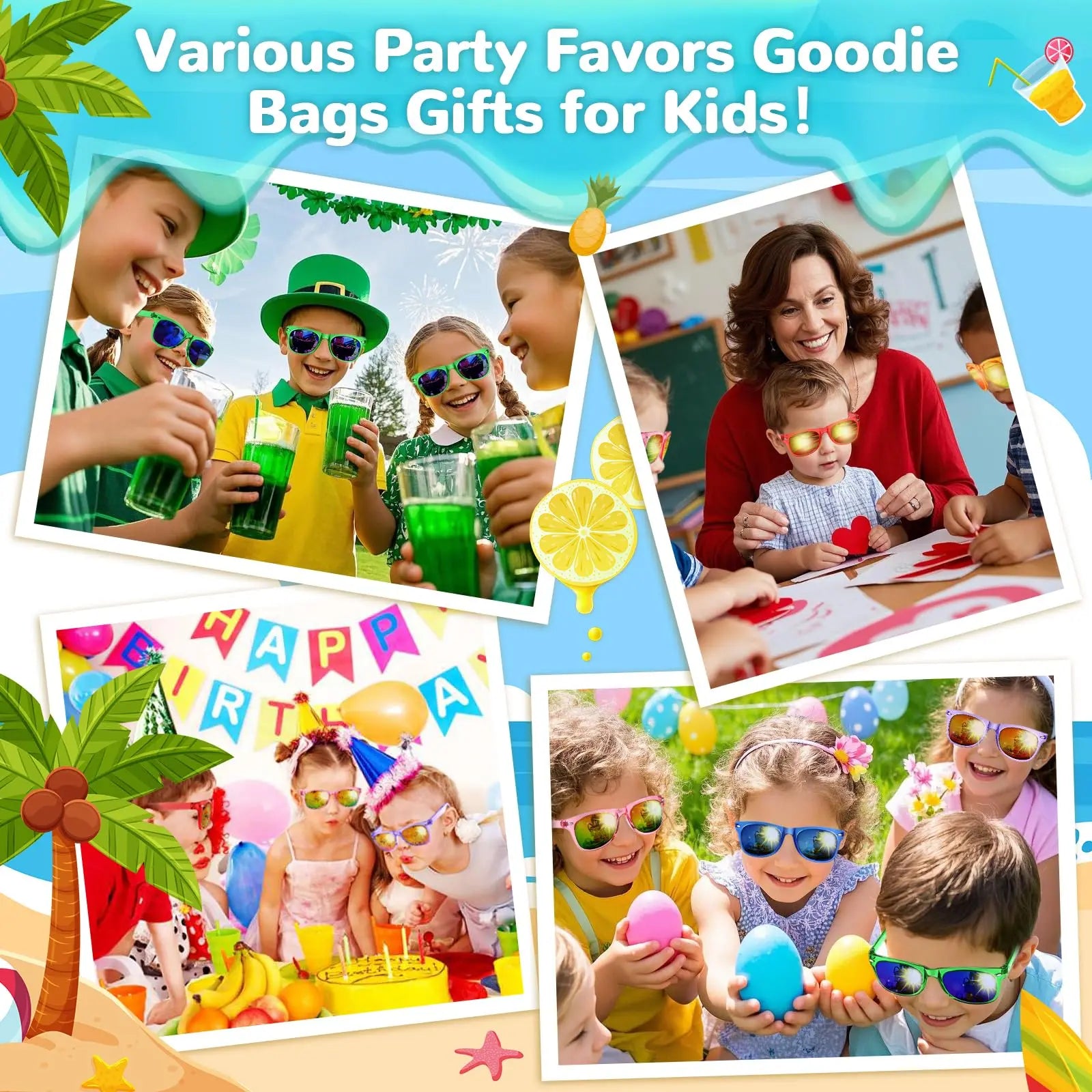 8 - 64pcs enfants lunettes de soleil cadeau de fête en vrac pour les enfants de 3 - 12 ans, lunettes de soleil translucides néon avec Protection UV 400, Pool birthday party Supplies Gift Bag pad