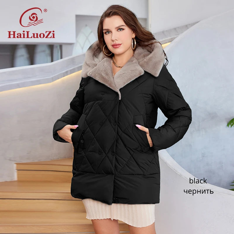 HaiLuoZi-Veste Courte à Capuche avec Fourrure pour Femme, Vêtement d'Hiver de Grande Taille, Design de Matelassage Indépendant, Grandes Poches, Combiné 2023, Nouvelle Collection 1163