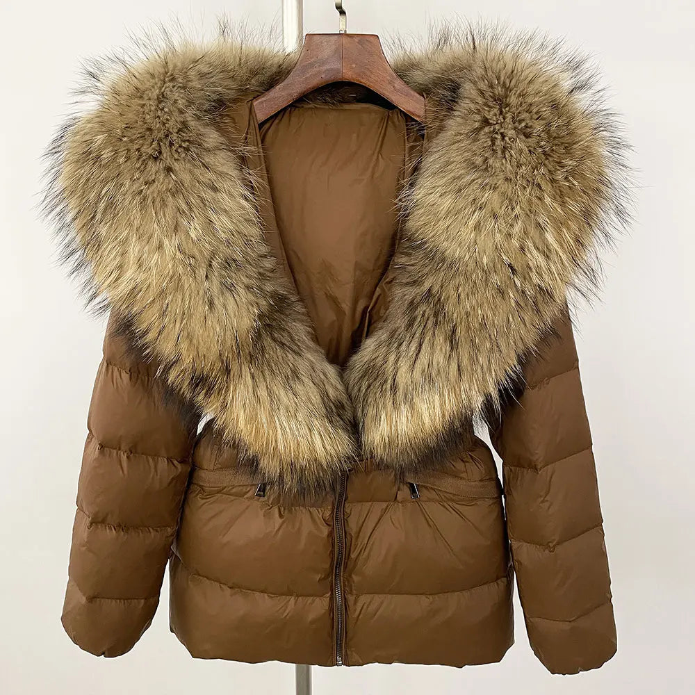 OFTBUY 2024 veste d'hiver femmes naturel réel raton laveur col de fourrure de renard à capuche blanc canard vers le bas manteau ceinture épais chaud vêtements d'extérieur décontractés