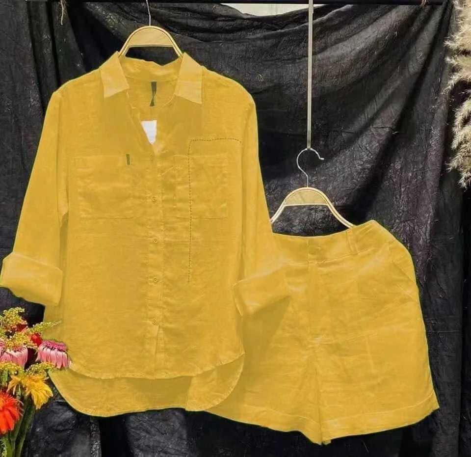 Ensemble d'été 2 pièces en coton et lin pour femmes, chemise et short blancs à manches longues, à la mode, pour la maison, survêtement, 2024