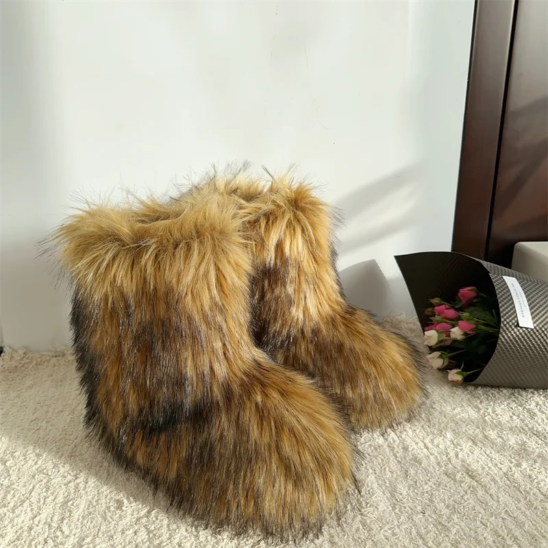 Nouveau Hiver fourrure une pièce fourrure de raton laveur femme bottes de neige chaussures de fourrure en plein air mi jambe bottes