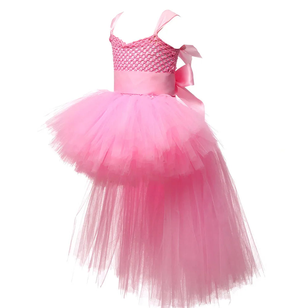 Girls Pink Black Tutu Dress V-Neck Train Girl Evening Birthday Party Tulle Dresses Girl Ball Gown Kids Halloween Costumes
