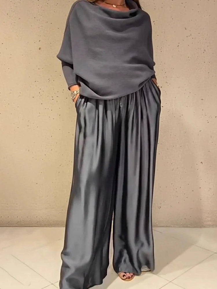 Elegant Off-the-Shoulder Satin Top and Wide-Leg Pants Set, Slash Neck, Irregular Fashion, Solid, Commuter Outfits, Simple Loose Sets for Women
