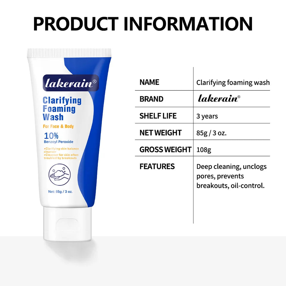 Lavage moussant contre l'acné, peroxyde de benzoyl, 10% Maximum antimicrobie, contrôle de l'huile, réduit les rougeurs, nettoyage en profondeur pour les soins de la peau du visage et du corps