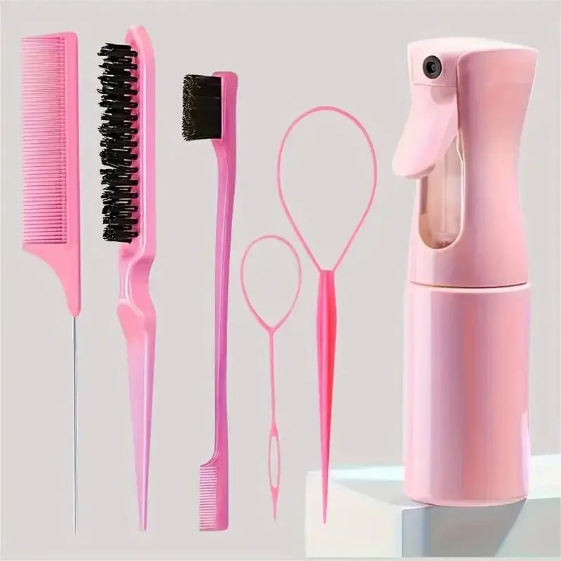 Hairbrush set, spray bottle, braiding loop, rat tail comb, teaser, edge brush, curly hair accessories, 6 pieces