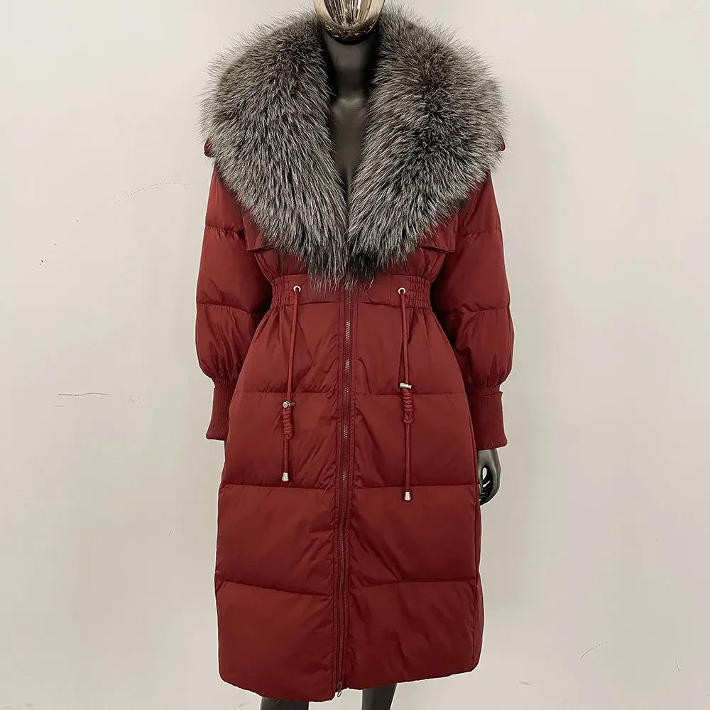 Doudoune longue avec col en fourrure pour femme, pardessus en fourrure de renard, longueur aux genoux, à la mode, chaude, cintrée à la taille, vêtements d'extérieur amincissants