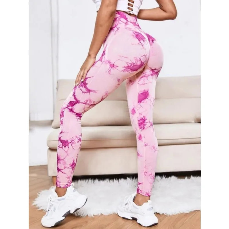 Leggings taille haute sans couture pour femmes, teinture par nouage, Fitness, sport, course à pied, pantalons de Yoga, levage des hanches, collants tricotés élastiques