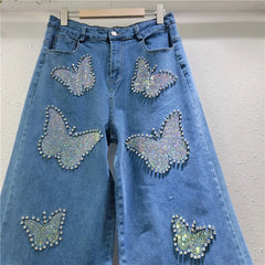 Women's high-waisted elastic jeans, floor-length pants, baggy pants, diamond beads, butterfly, wide leg, warm, casual, spring, autumn, new, 2025