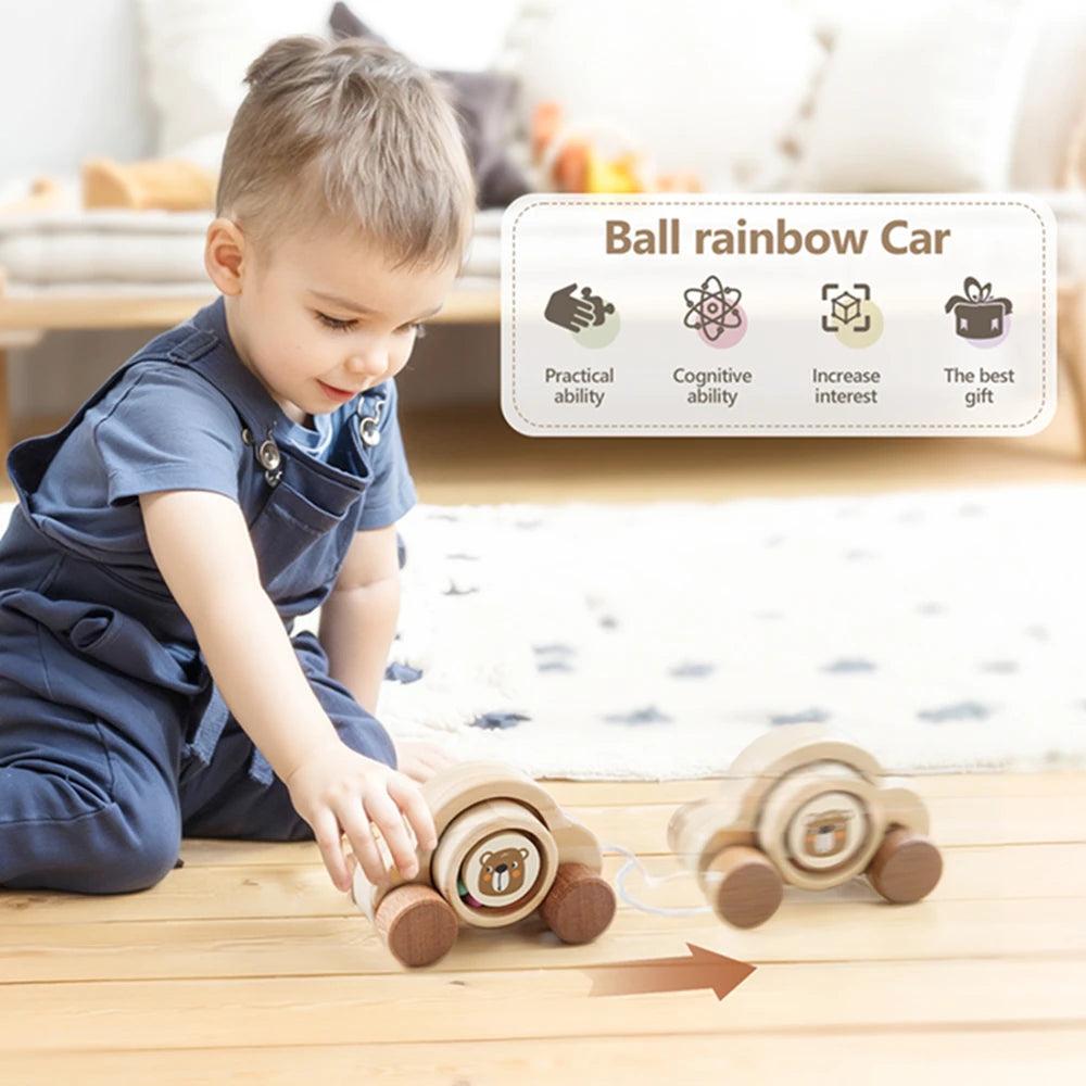 Jouets Montessori en bois pour bébé, 1 pièce, anneau de dentition de Bus de dessin animé, ours en bois de hêtre, voiture pour enfants, jouets éducatifs Montessori, cadeau