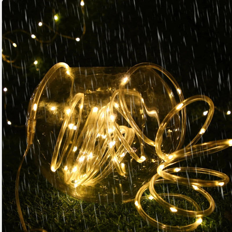 Solar string lights, outdoor tube rope lights, waterproof tube lights for outdoor home, garden, parties, and decorations. LED outdoor lights.