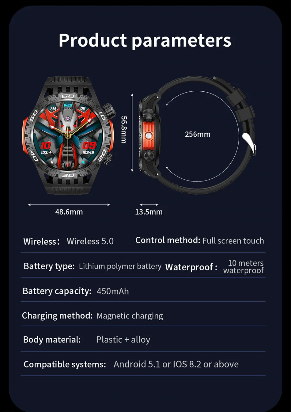 Montre intelligente étanche avec éclairage LED pour homme, boussole, tracker de fitness sportif, IP68, Bluetooth, conversation, Android, iOS