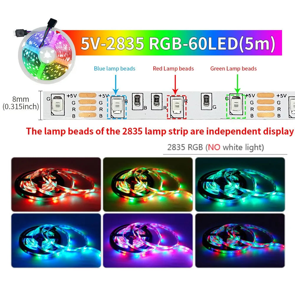 5M USB Led Bande Lumières RGB 2835 60 LED Bluetooth APP Contrôle Luces Led Flexible Diode Décoration Pour Salon Lampe Ruban